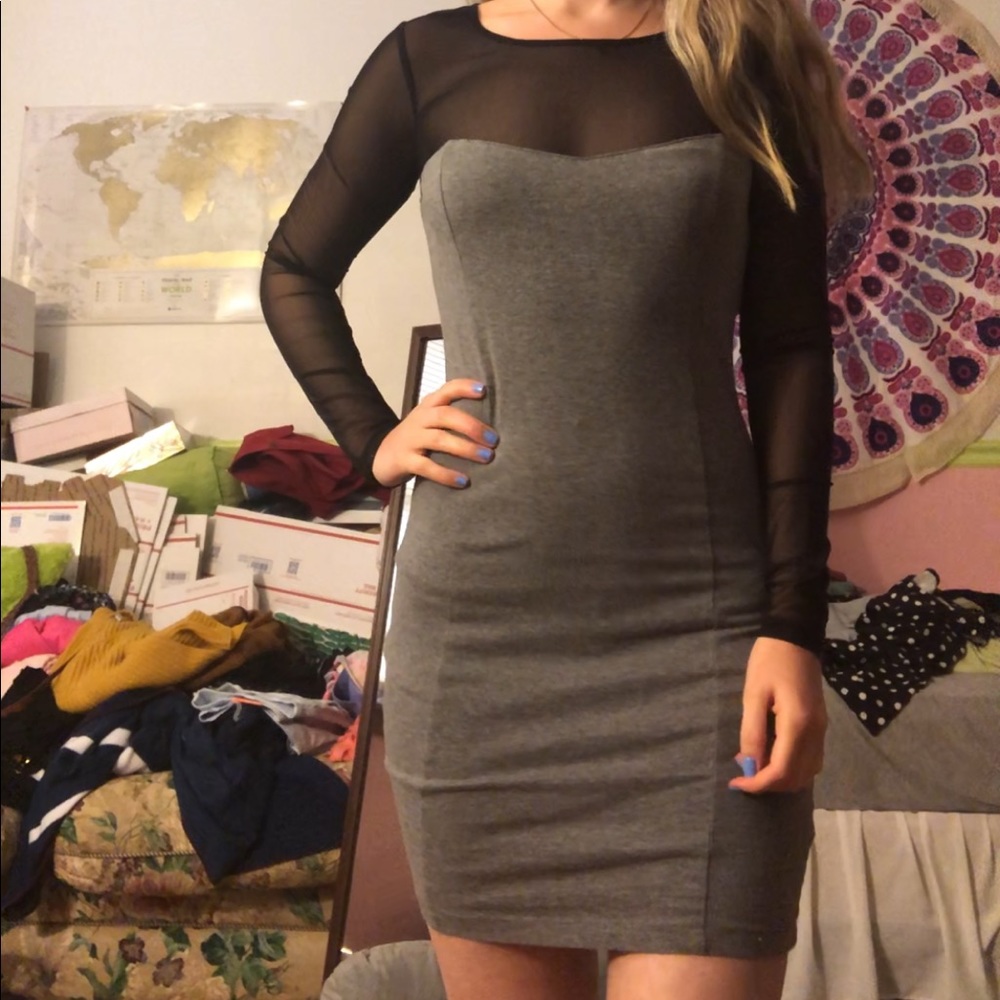 Body Con Dress With Mesh Sleeves